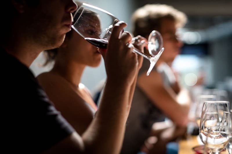 Guests sampling red wine during seated tasting at Quinta do Vallado