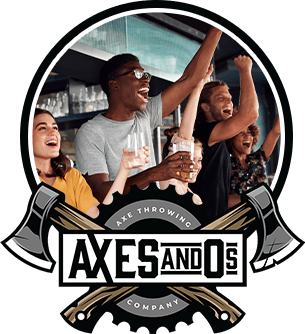 Friends cheering with drinks in indoor axe throwing venue emblem