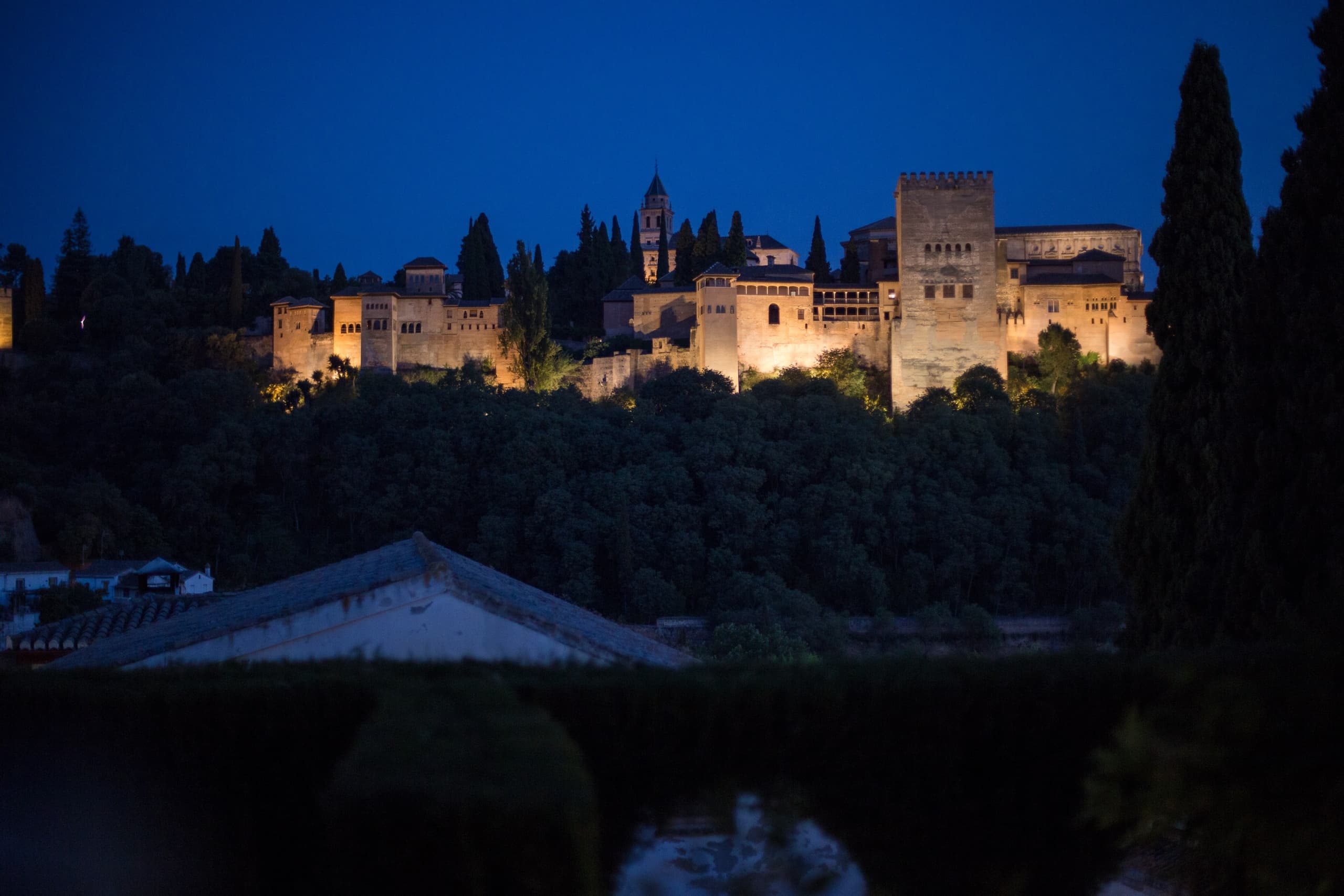 Illuminated Alhambra complex at night over Granada river view
