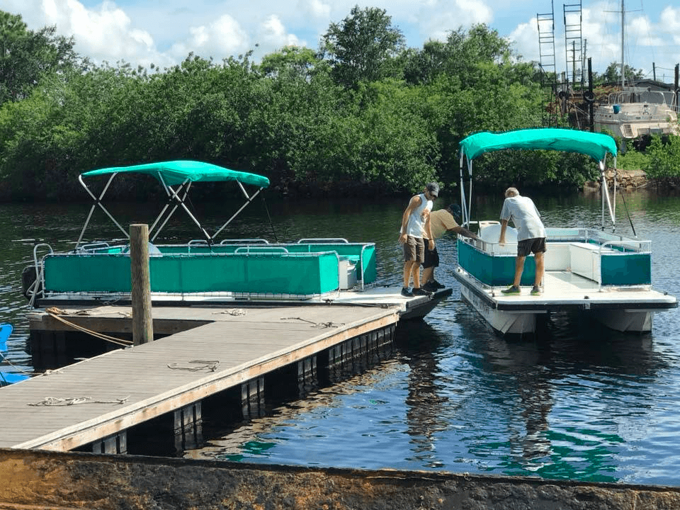 Two teal pontoon boats moored at a quiet mangrove dock