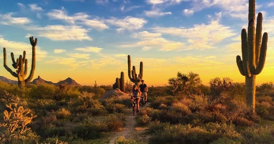 Single cyclist riding desert trail at golden sunset