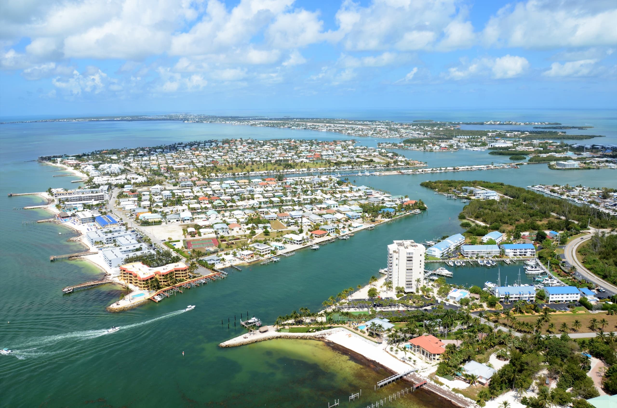 Aerial island townscape and waterways from tour flight