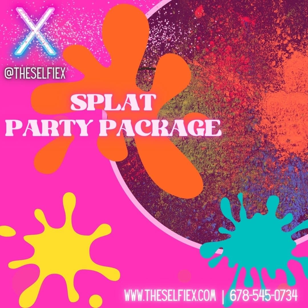 Bright splatter party graphic promoting indoor selfie studio events