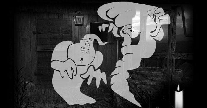 Gray ghost illustrations over dark interior background, spooky theme