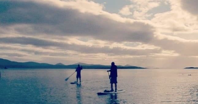 Stand-up paddleboarders silhouetted on calm ocean at sunset