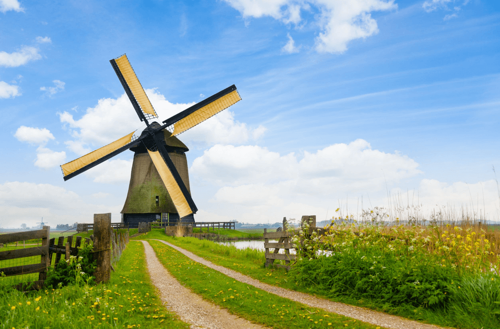 Traditional Dutch windmill in rural fields, scenic cycling route