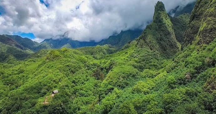 Lush volcanic mountain ridgeline panoramic hiking views on Maui