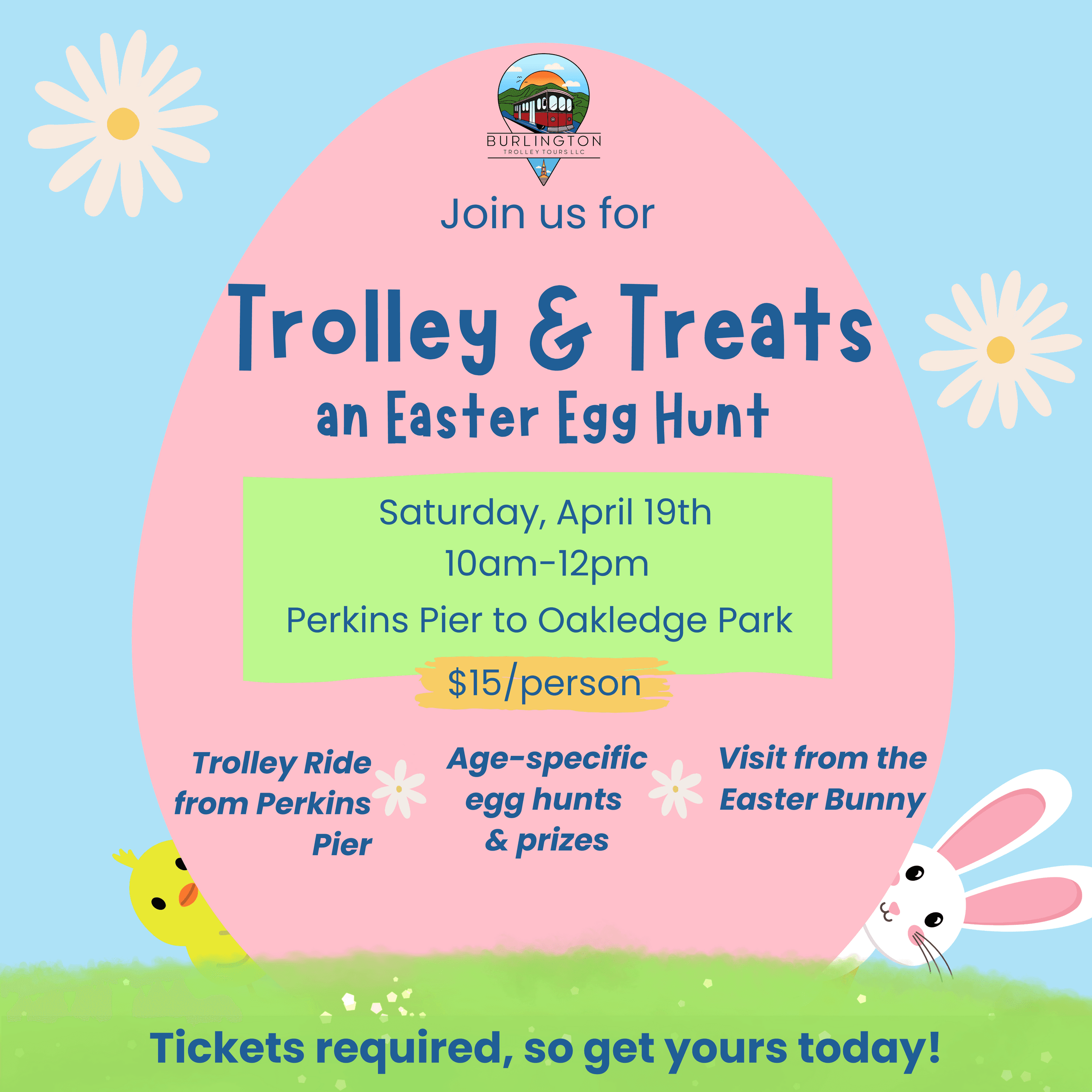 Colorful Trolley & Treats Easter egg hunt poster for family trolley rides