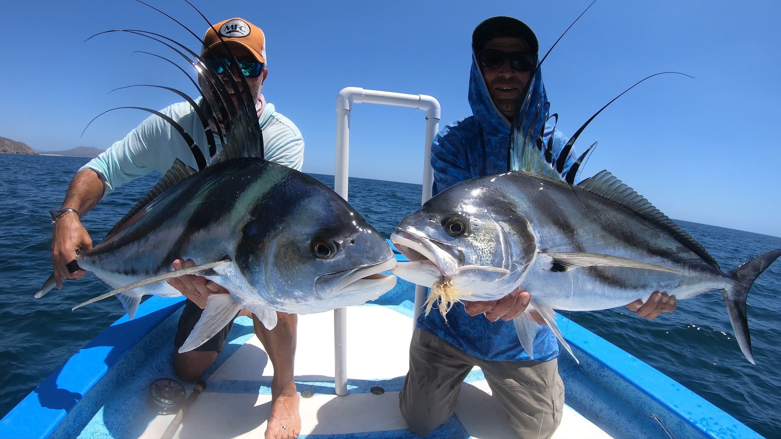 Anglers holding large roosterfish on sportfishing boat off La Paz