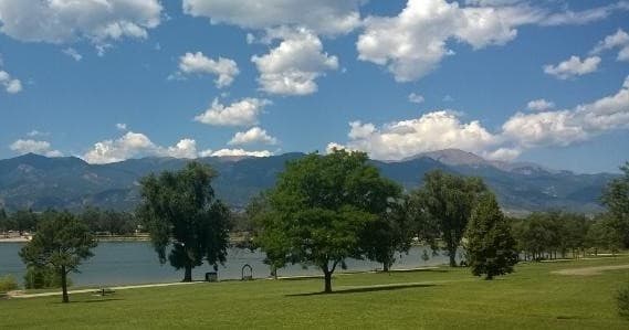 Grassy lakeshore with trees and distant mountains, scenic vista