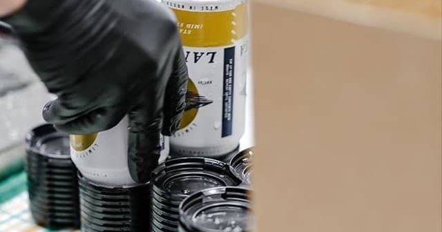 Gloved hand packing canned craft beer on brewery production line
