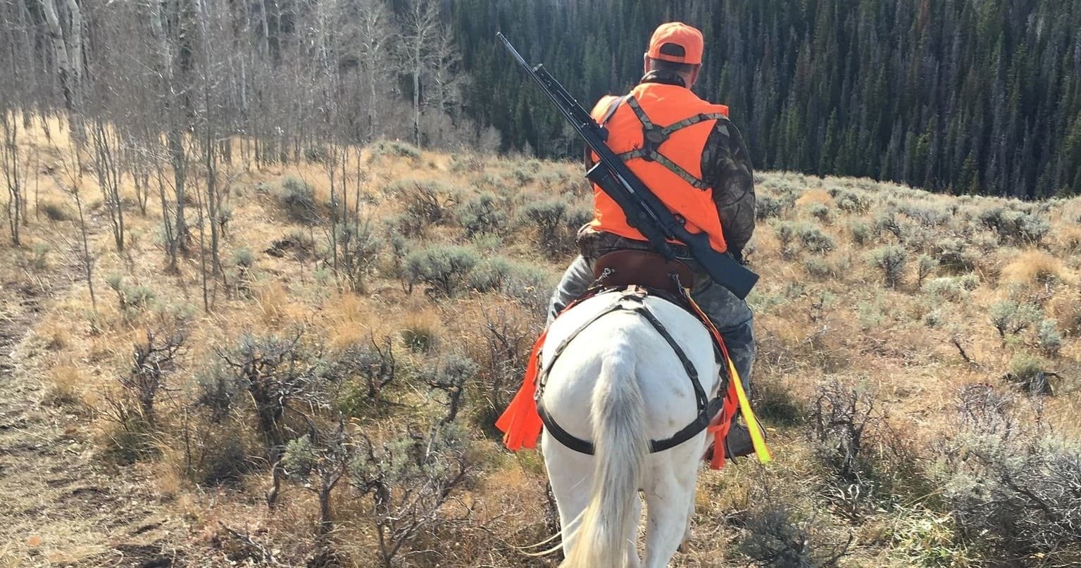 Horseback hunter riding through sagebrush and open forest