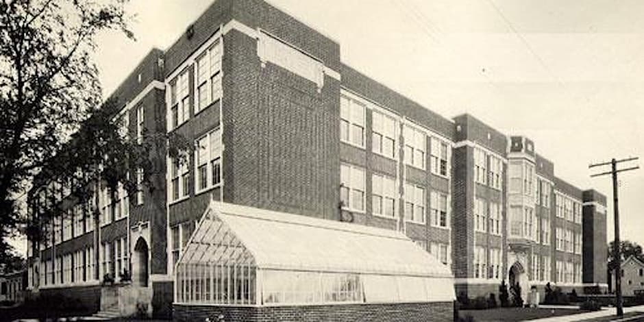 Historic school building exterior in Minneapolis, institutional architecture