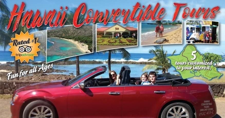 Branded Hawaii Convertible Tours collage showing red convertible