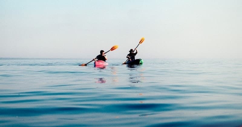 Two kayakers paddling on calm open sea with horizon