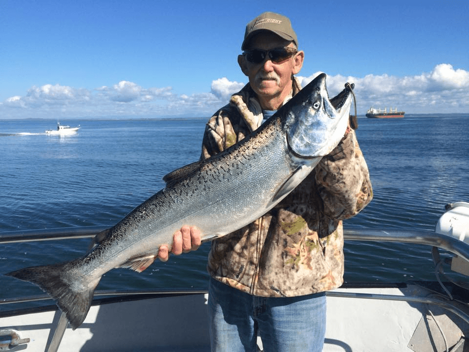 Angler holding large salmon on Pacific Ocean charter boat