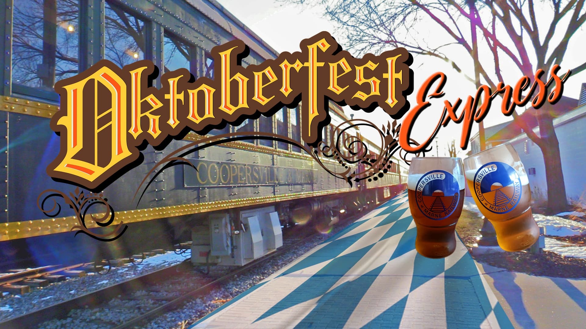 Oktoberfest themed train exterior with beer steins and platform