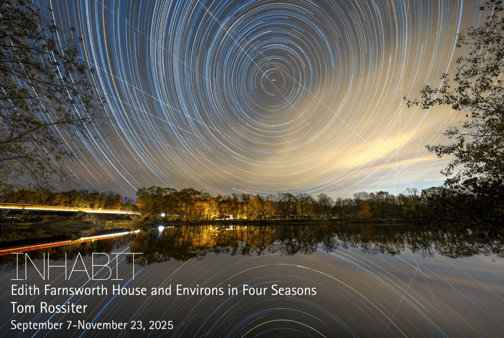 Star trail sky over river and Farnsworth House reflection