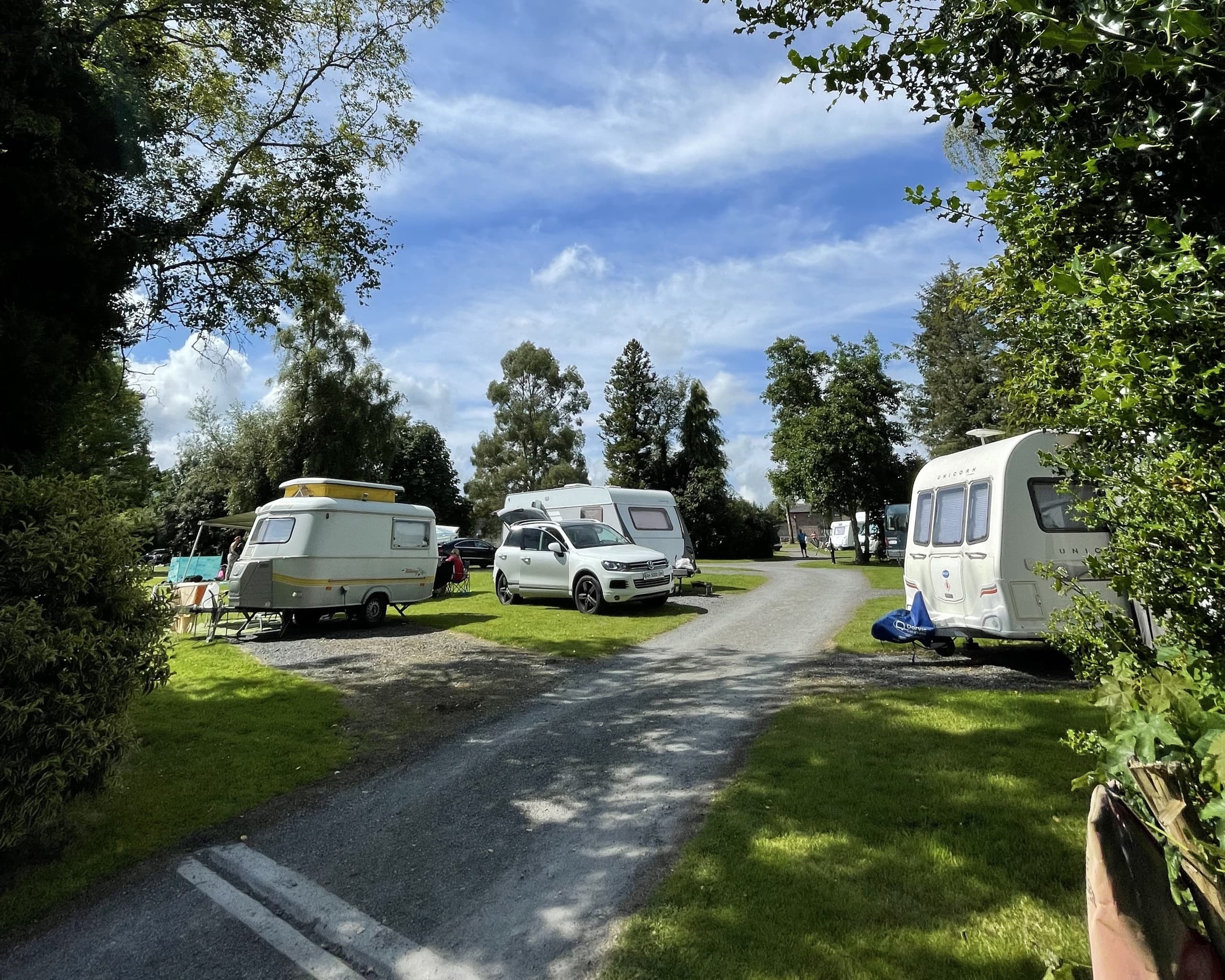 Caravans and campervans at campsite lane with shaded trees and road