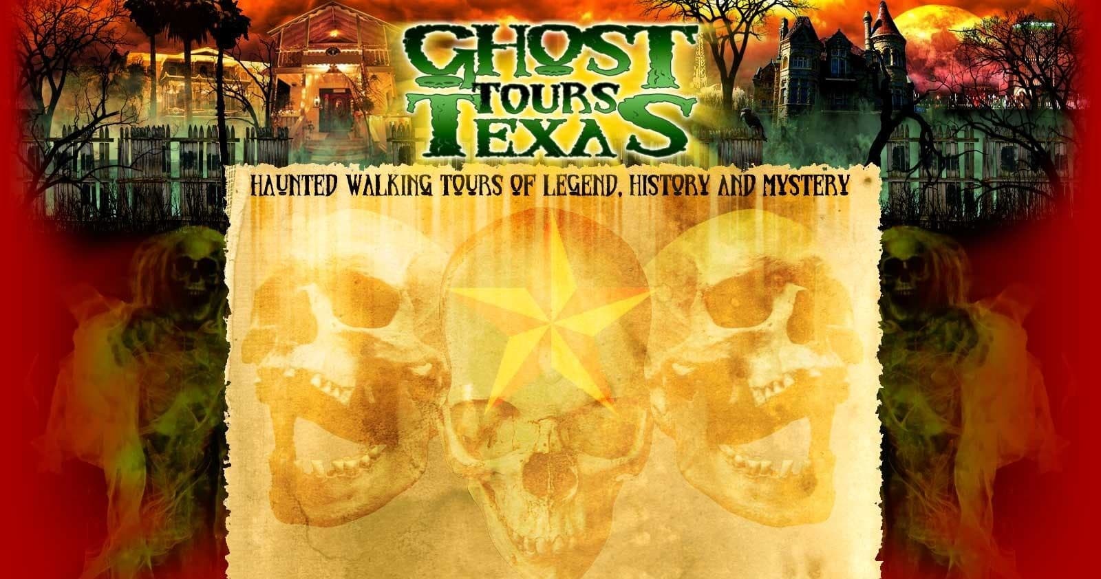 Ghost Tours Texas promotional poster with skulls and map backdrop