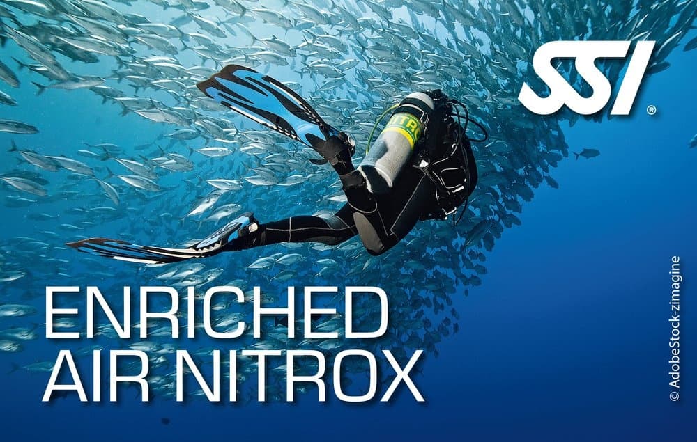 Scuba diver swimming underwater promoting enriched air nitrox