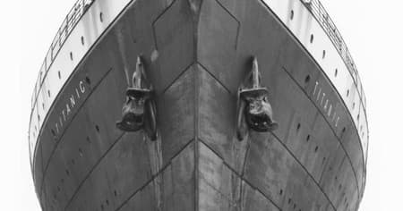 Monochrome close-up of Titanic ship prow bow, archival perspective