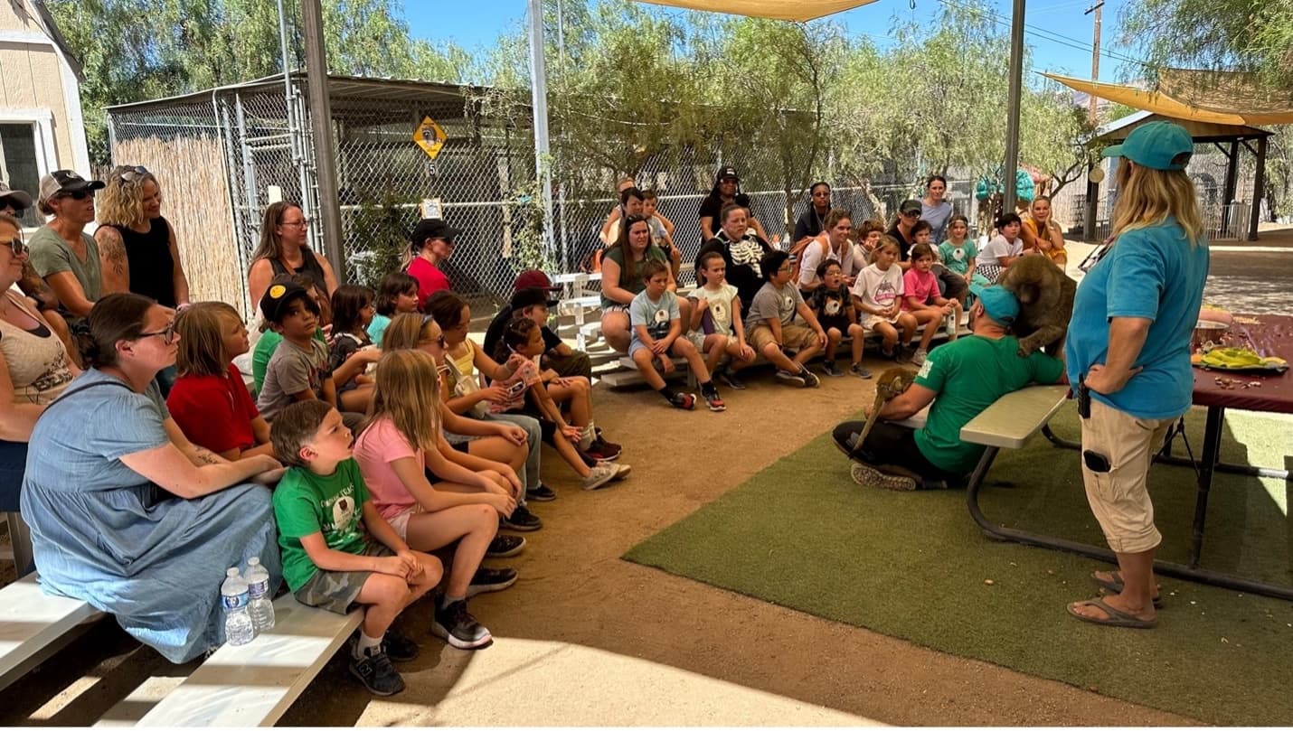 Educational animal talk with seated visitors at outdoor shelter