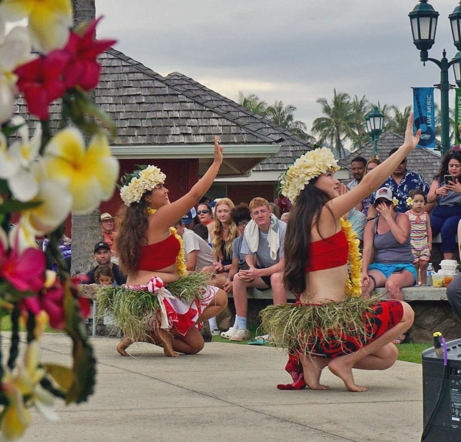 Hula dancers performing cultural luau dance for tourists in Hawaii