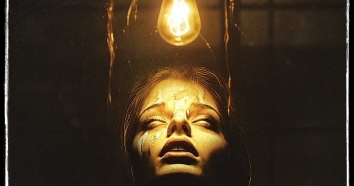 Person illuminated under hanging lightbulb in dark indoor horror scene