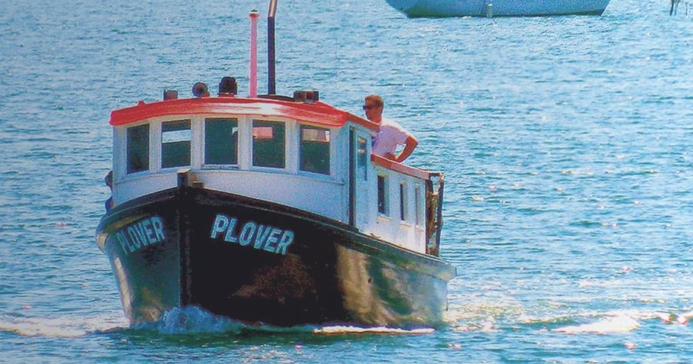 Passenger ferry crossing calm coastal waters near harbor