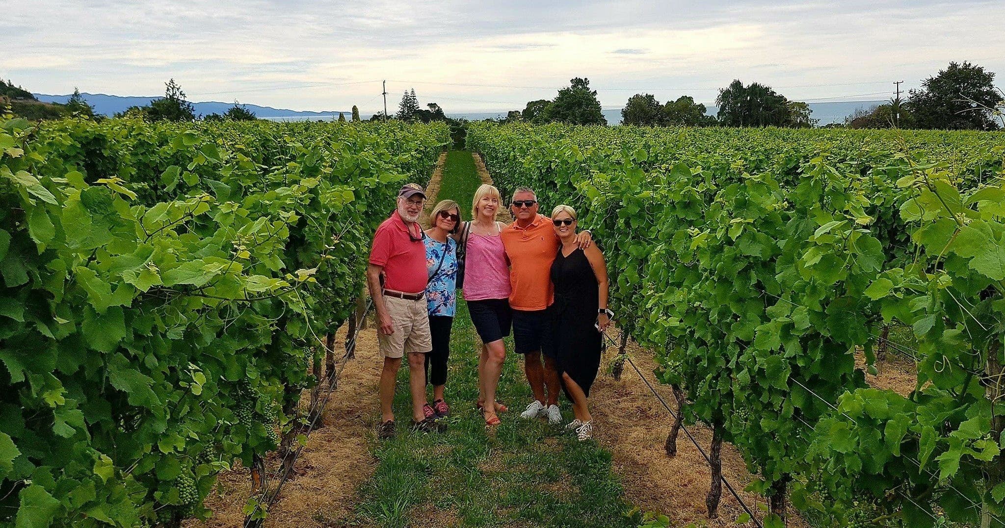 Small group walking through green vineyard rows on a wine tour