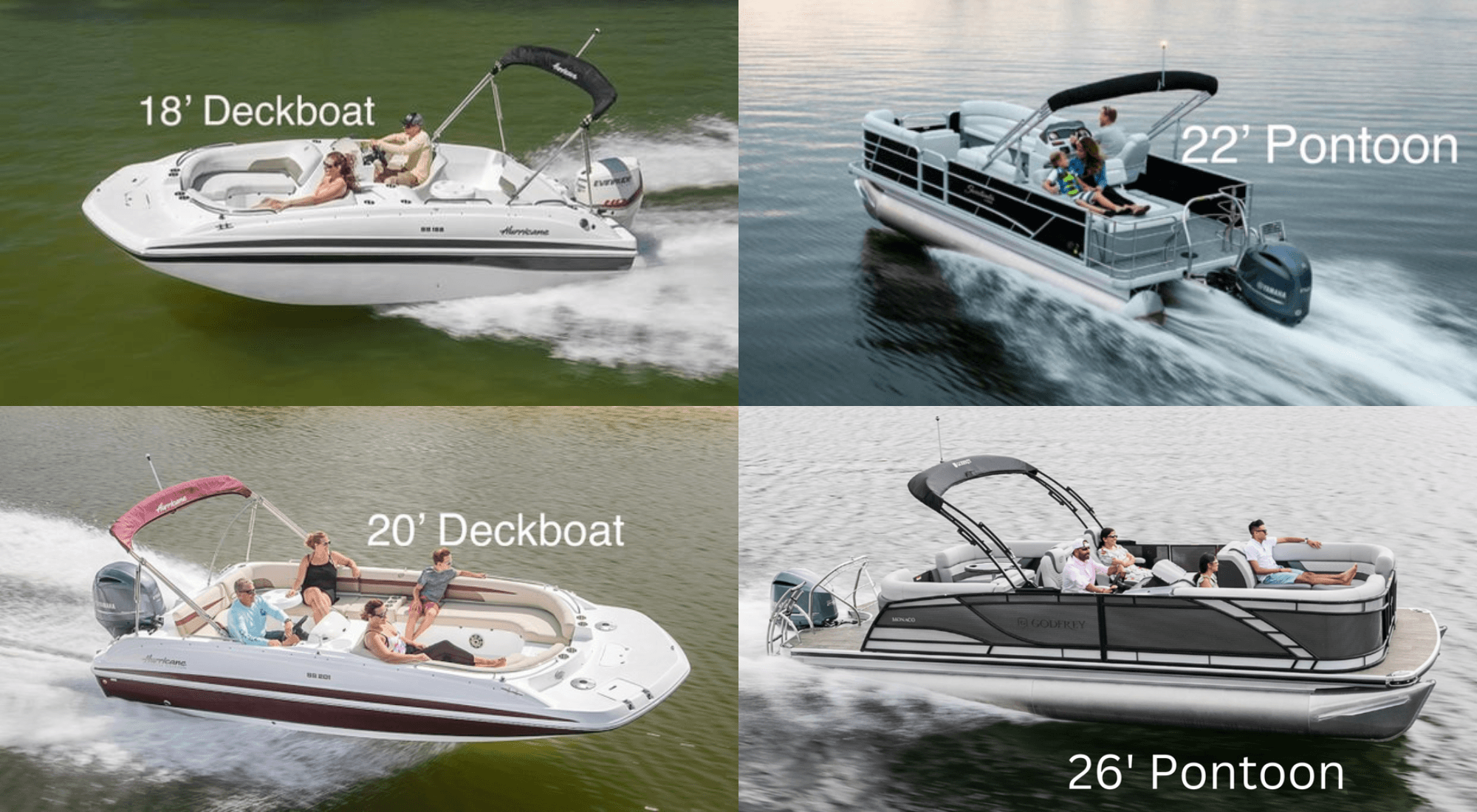 Pontoon and deckboat on lake with passengers enjoying ride