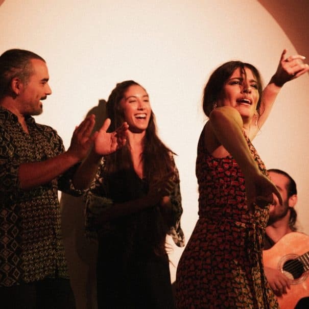 Flamenco dancers performing onstage in intimate indoor Madrid venue