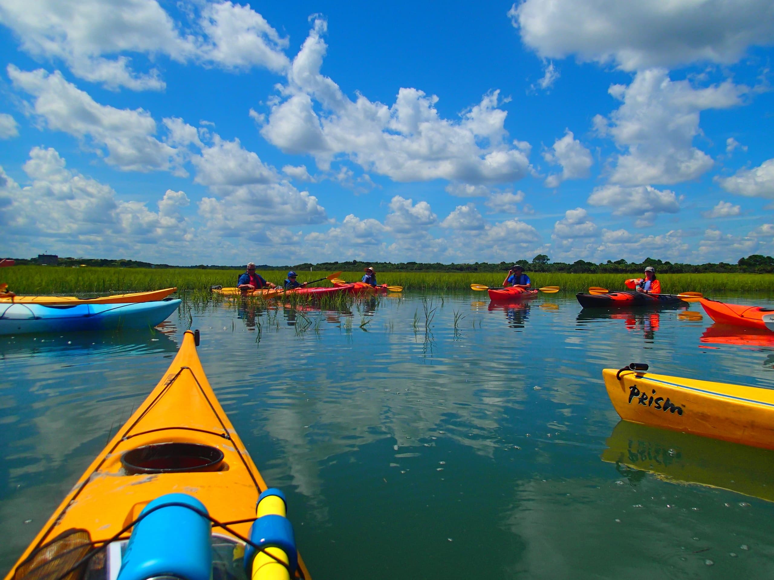 Bright-day kayak excursion across shallow coastal marshland