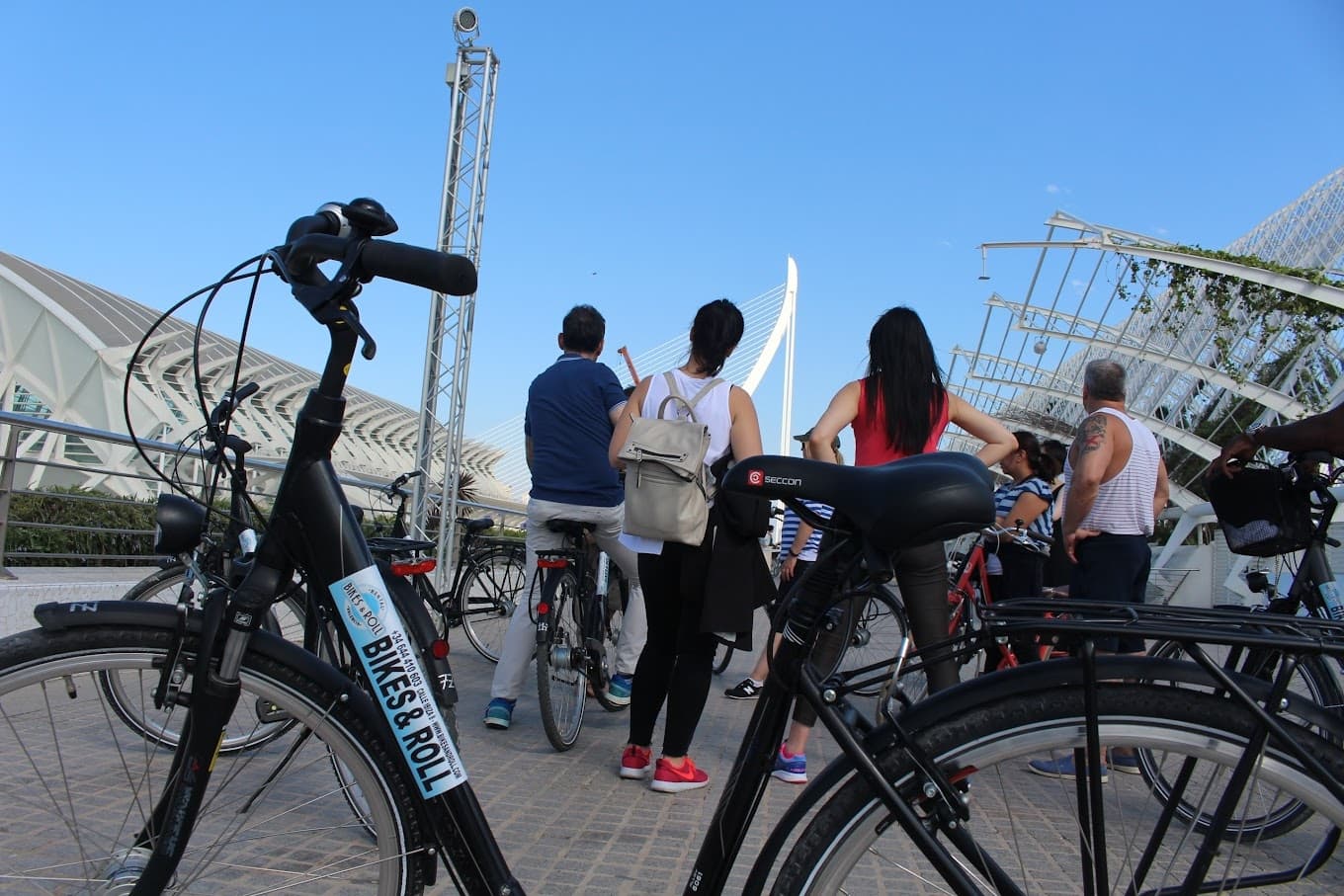 Group cycling tour by modern waterfront architecture on sunny day