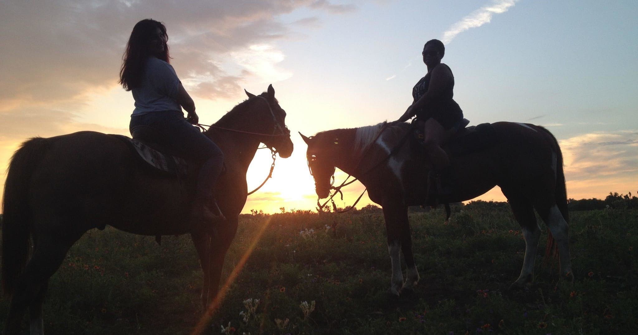 Silhouetted horseback riders at sunset on open prairie