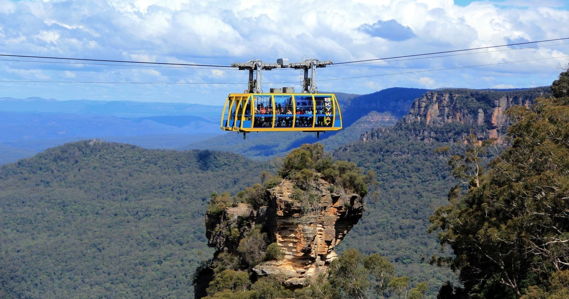 Scenic cable car soaring above Blue Mountains Jamison Valley