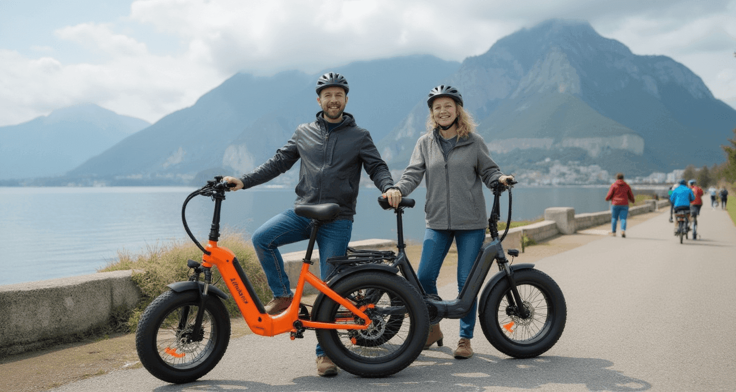 Two cyclists on fat-tire e-bikes paused by mountain lakeshore