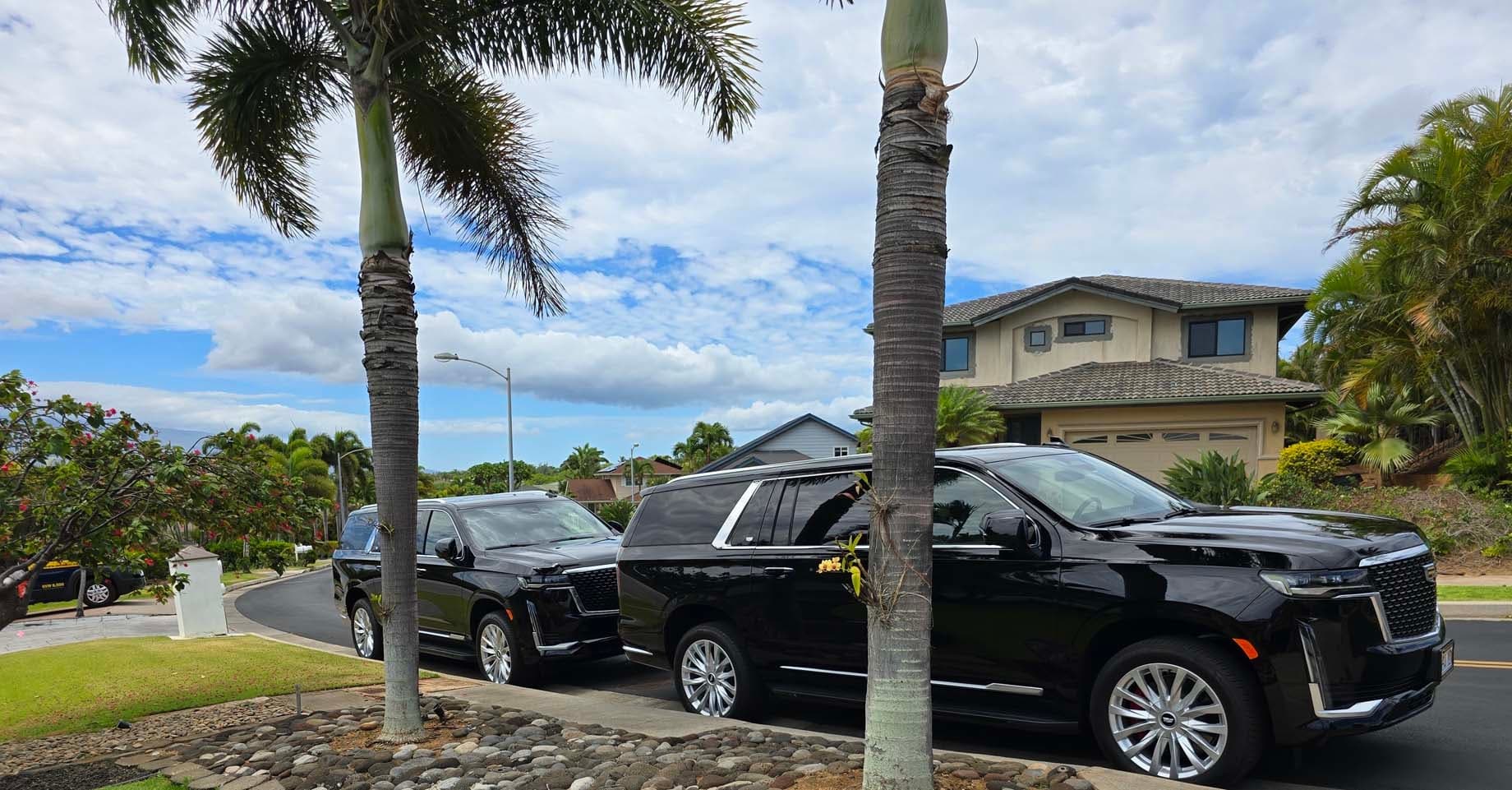 Black SUV parked by palm trees at coastal Maui residence