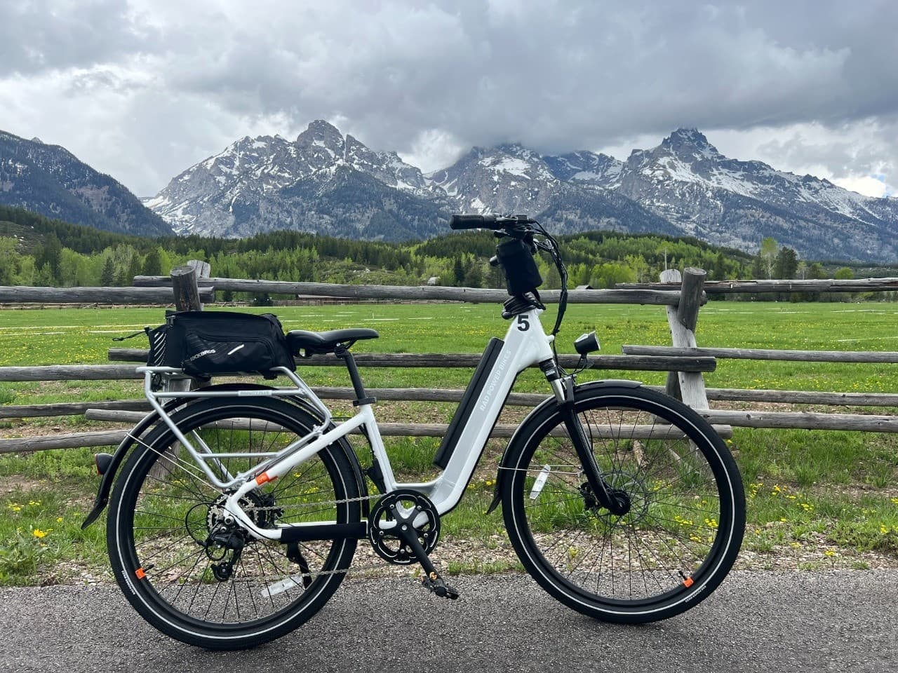 White e-bike side view with grassy foreground and alpine peaks