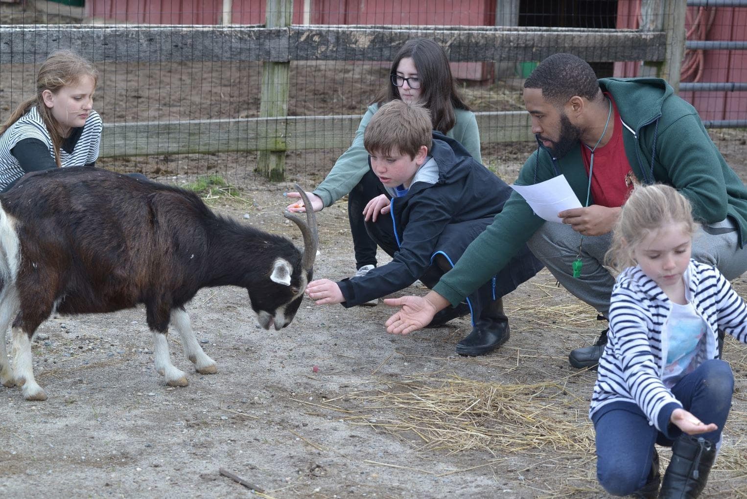 Children and volunteers feeding goats during outdoor farm program