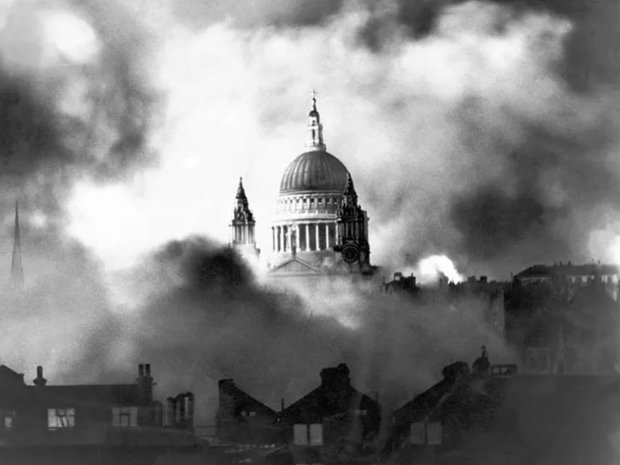 St Paul's Cathedral dome emerging from smoky clouds over London