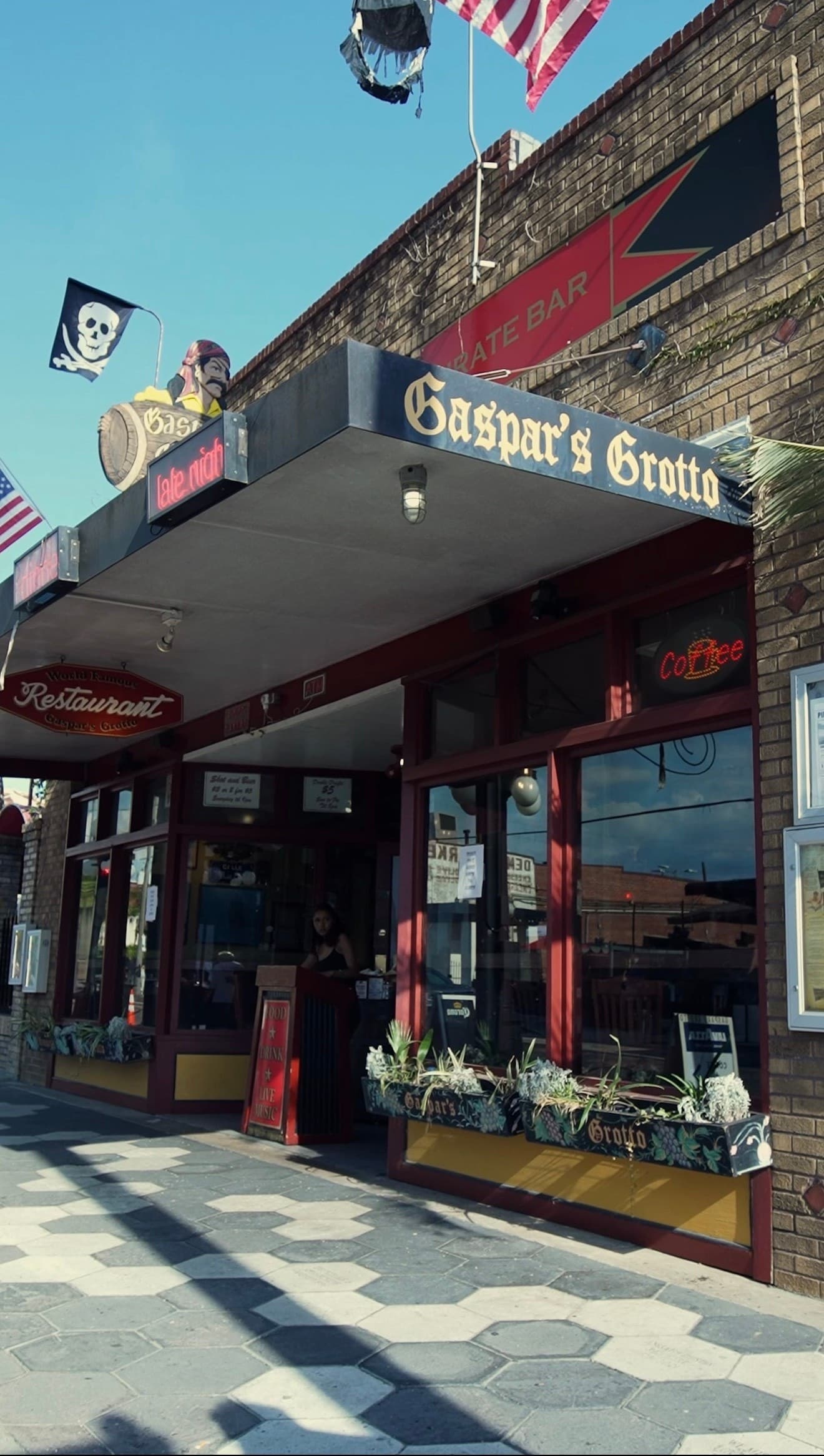 Gaspar's Grotto entrance on Tampa historic street, pirate-themed bar