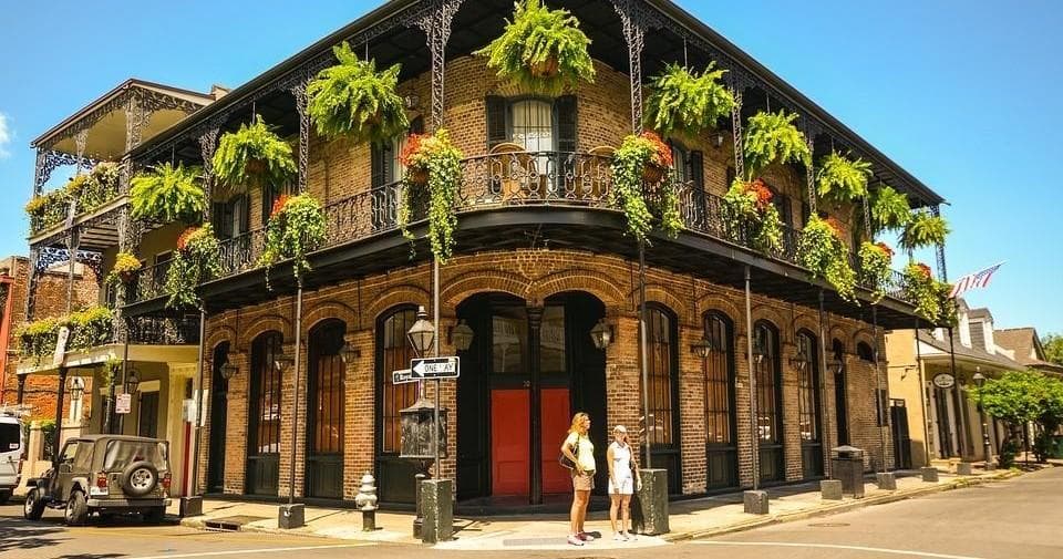 Historic French Quarter balcony with hanging plants, New Orleans