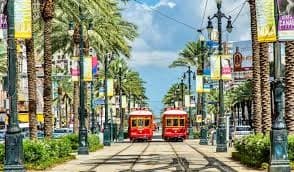 Historic streetcars on palm-lined avenue for scenic trolley ride