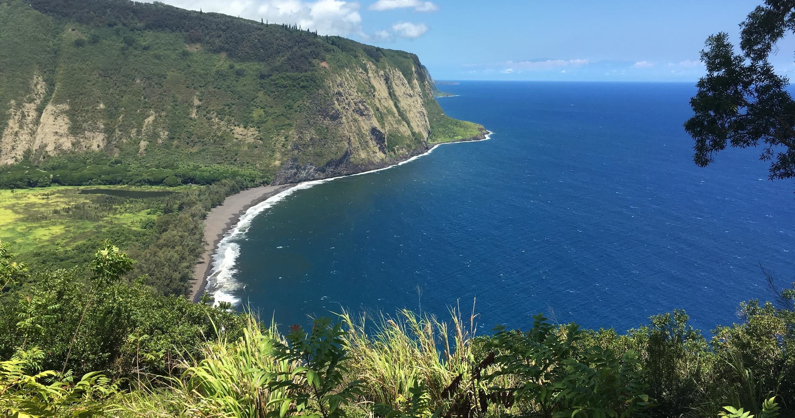 Coastal cliff overlook of blue Pacific and rugged shoreline, Hawaii