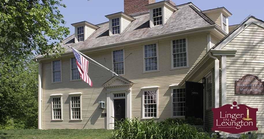 Colonial house museum with American flag, historic Lexington