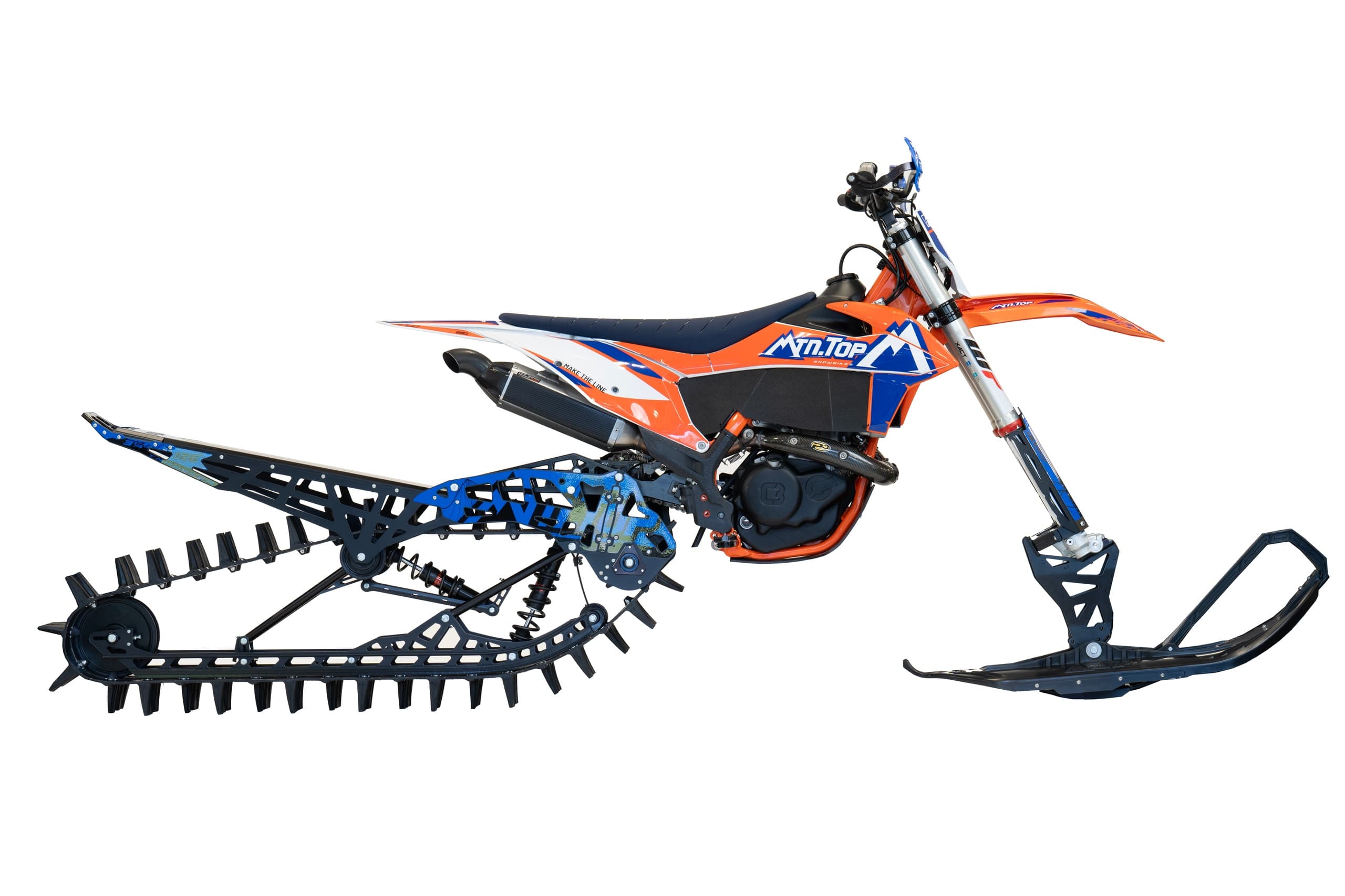 Side view orange snow bike conversion on white backdrop