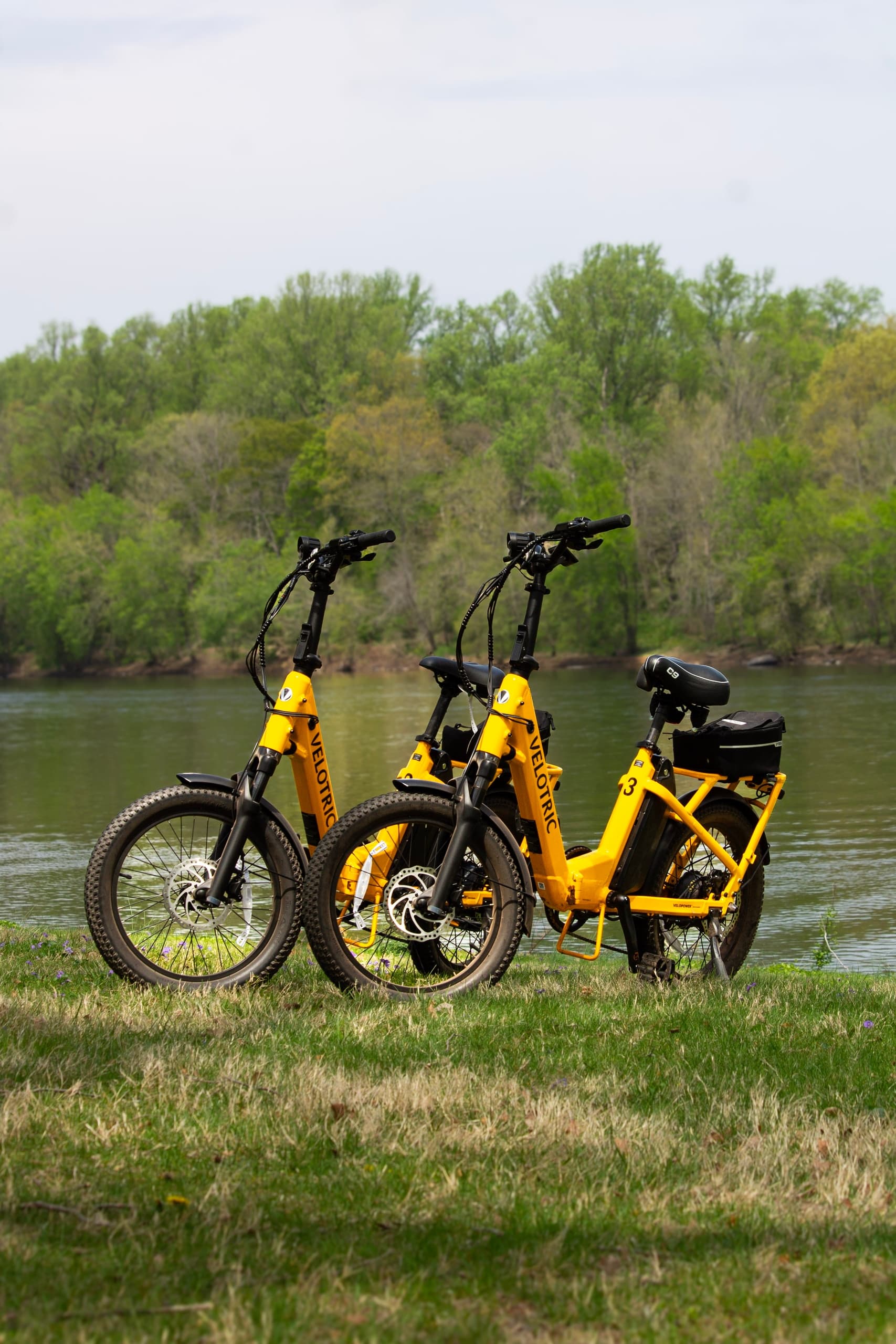 Two electric bikes parked at a riverbank in a green park