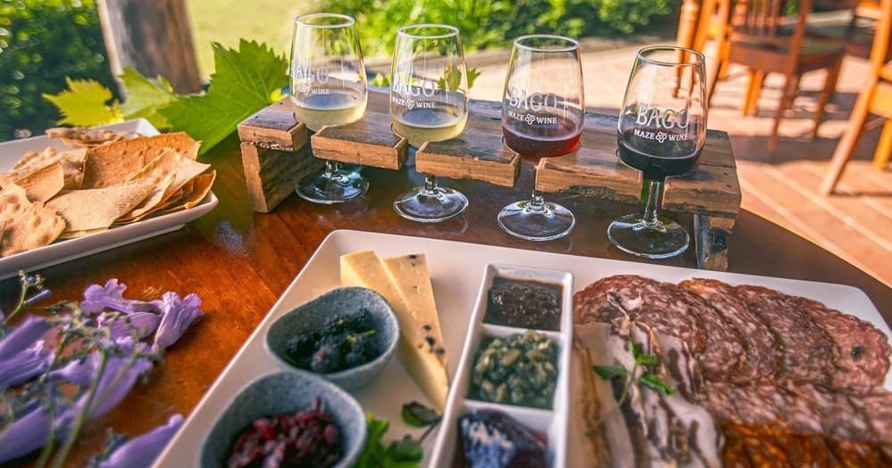Outdoor wine tasting and charcuterie flight on patio